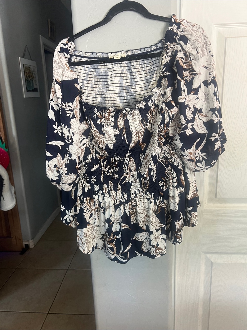 Floral Smocked Square-Neck Blouse - Black & Cream